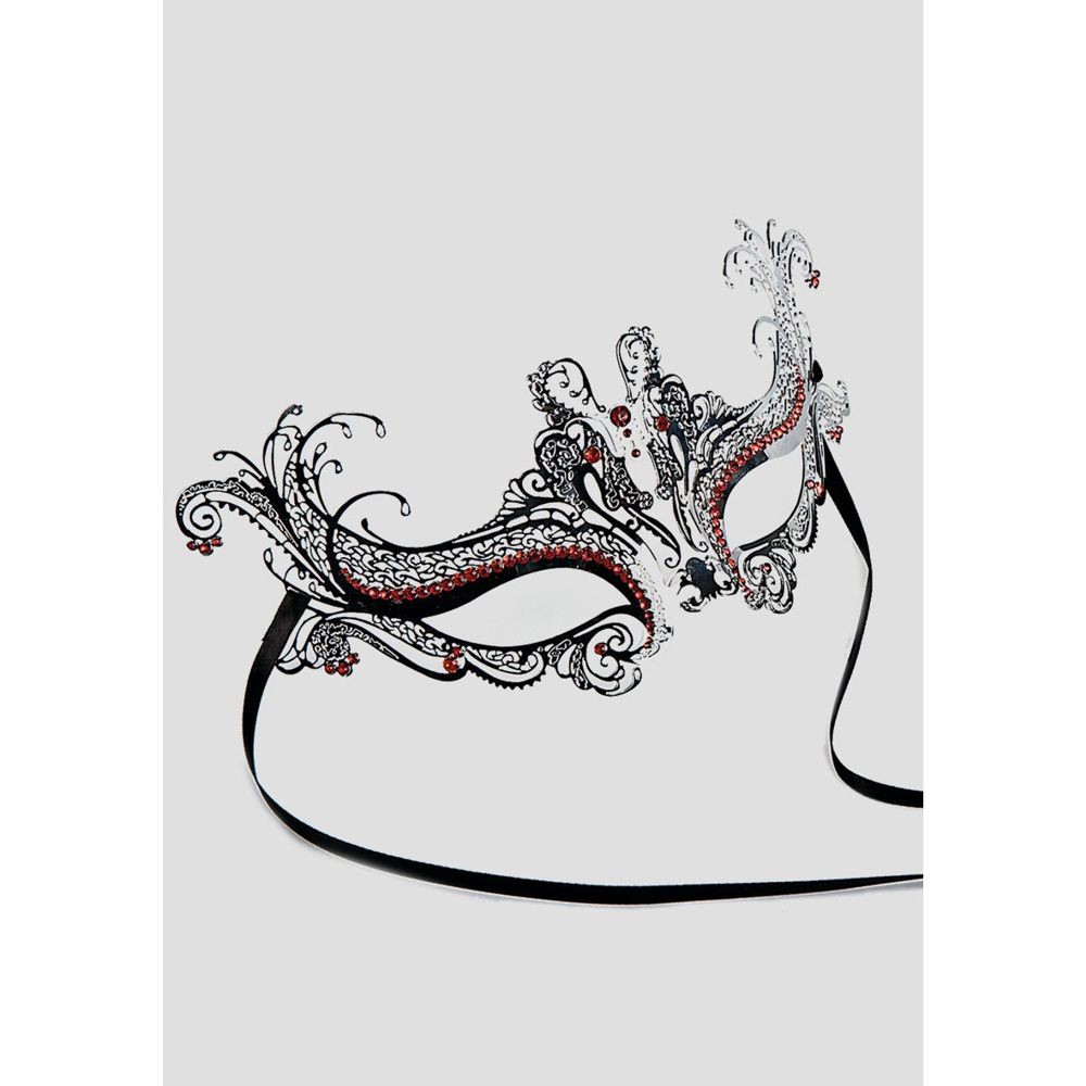00732-1 MASCHERA METALLO ARGENTO STRASS ROSSI