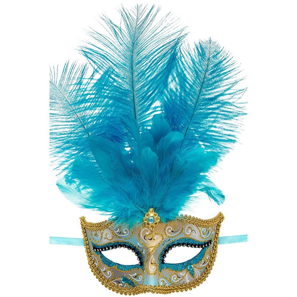 01337-1 MASCHERA IN PLASTICA C/GLITTER AZZURRI E ORO, GEMMA E PIUME