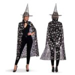 SET STREGA ADULTO MANTELLO IN MAGLINO CM 120 E CAPPELLO CON STAMPA ARGENTO