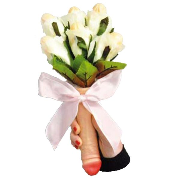 BOUQUET MUSICALE MANICO FALLICO E 6 FIORI BIANCHI CON PISELLI NUBILATO