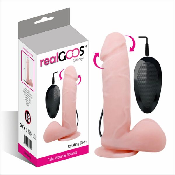 RealGOOS® FALLO REALISTICO VIBRANTE ROTANTE CON VENTOSA E TESTICOLI IN MORBIDO TPR COLOR CARNE 195 MM